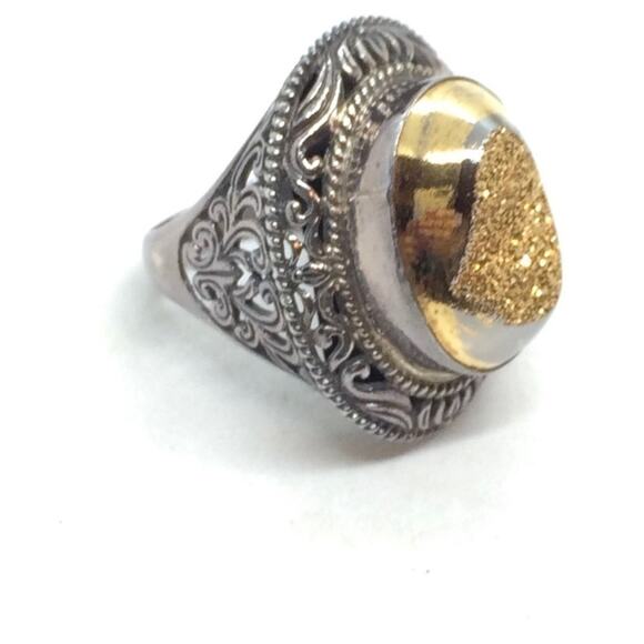 🌹 Vintage Heavy Gold Druzy Stone 925 Sterling Silver Chunky Oxidized Ring - Picture 2 of 11